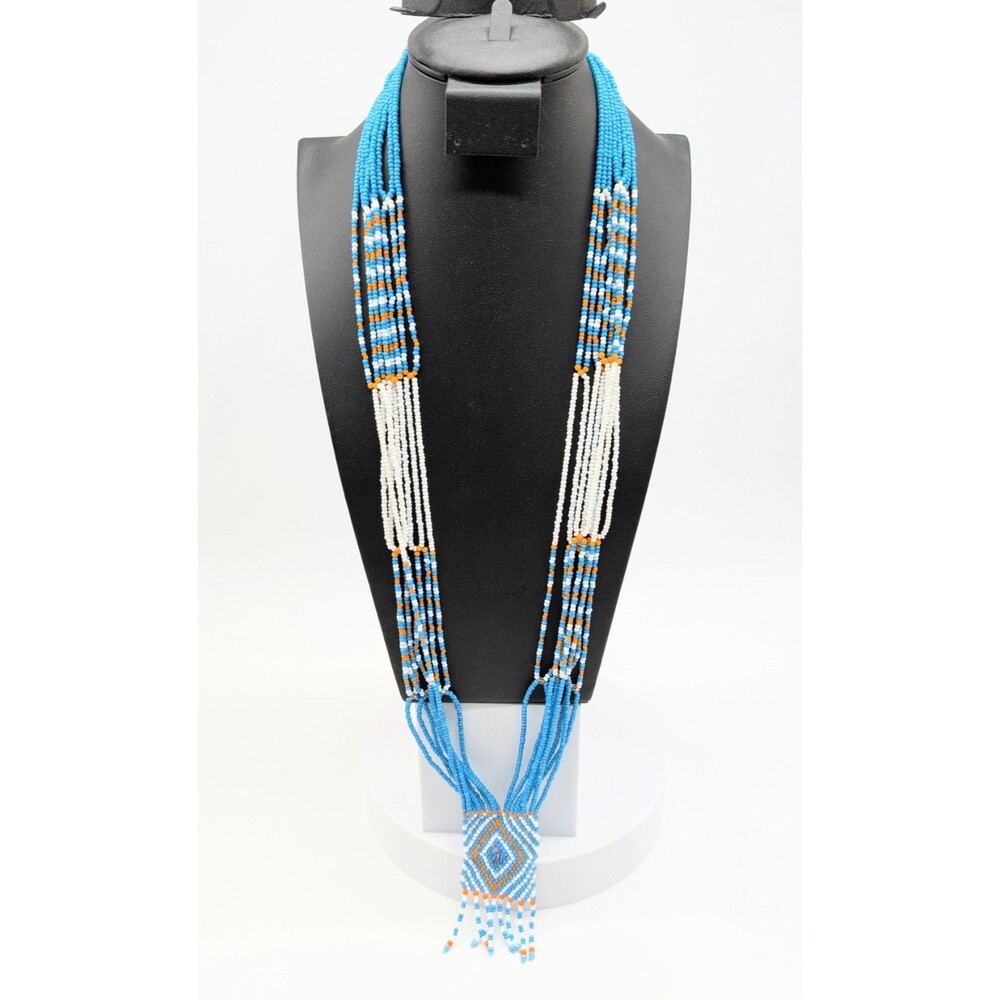 Seed Bead Multi Strand Necklace Turquoise Blue Orange White Boho Southwestern